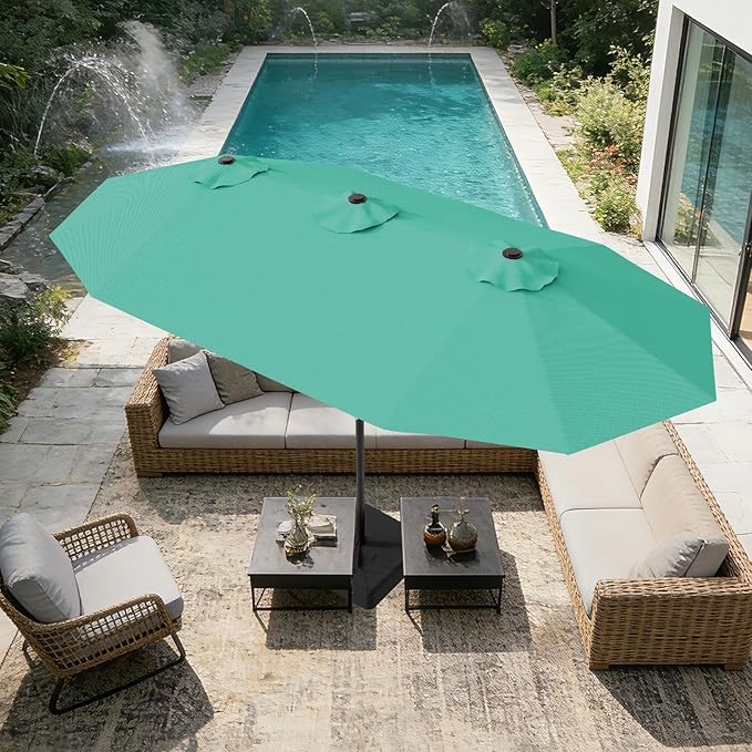 AreShark 15ft Patio Umbrella with Base, Double Sided Outdoor Umbrella with 12 Fiberglass Ribs, Large Outdoor Umbrella for Garden, Pool, Deck, Backyard & Market, Cerulean