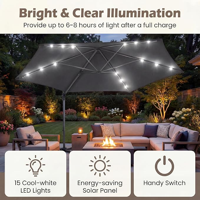 HAPPYGRILL 10 FT Patio Umbrella with Solar Lights, Outdoor Offset Cantilever Umbrella with White LED Lights, 360 Degree Rotation, Air Vent for Pool Deck Garden Backyard