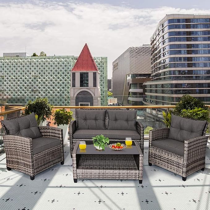 Tangkula 8 PCS Patio Wicker Conversation Furniture Set, Outdoor Rattan Sofa Set with Padded Cushion & Tempered Glass Coffee Table, Wicker Sectional Sofas & Table for Courtyard Balcony Garden (2, Grey)
