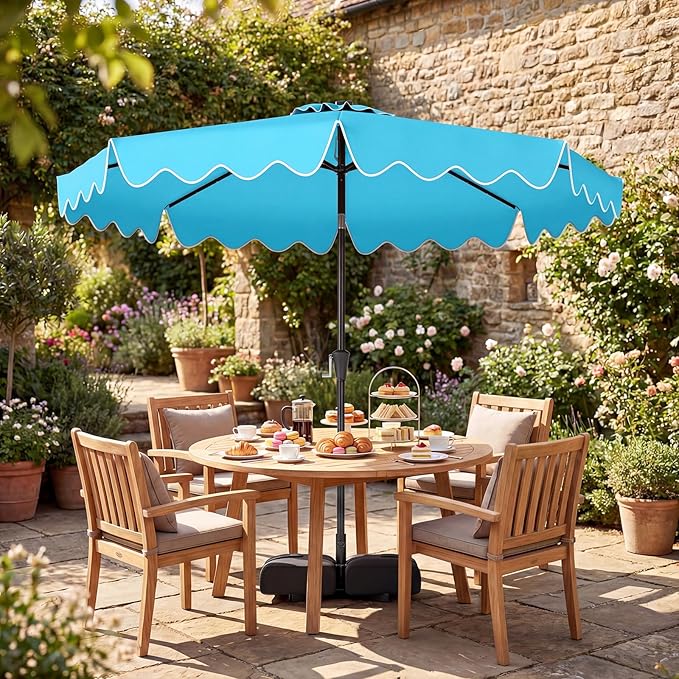 Tangkula 10 FT Solar Patio Umbrella with Base Included, 2-Tiers Outdoor Scalloped Table Umbrella with 32 LED Lights, 2 Sandbags, Tilt Adjustment, Crank, 8 Ribs for Market Backyard Pool Deck Beach Lawn (Turquoise, 10 FT)