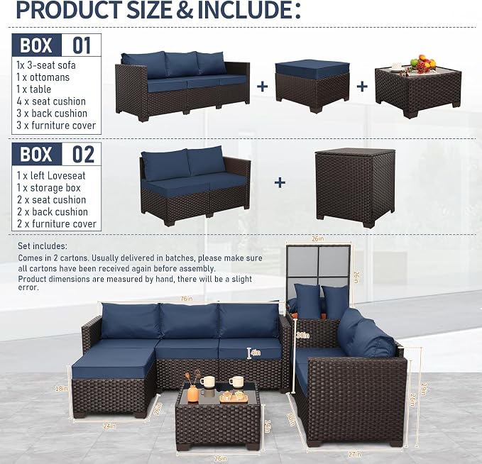 Valita Patio Furniture Set with Storage Box 5 Pieces Brown Wicker Outdoor Couch Sectional with Glass Table and Non-Slip Cushions and Furniture Covers, Navy Blue