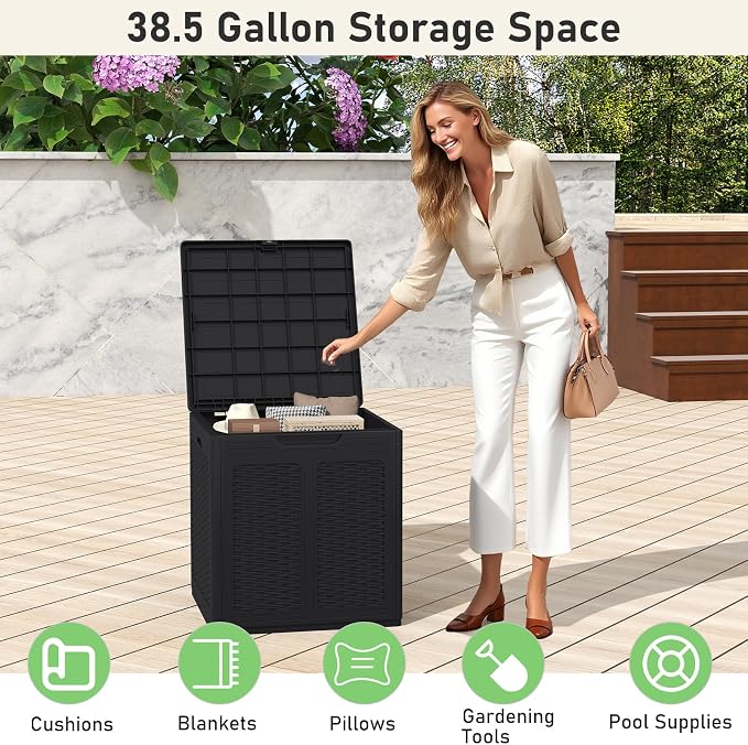 Giantex 39 Gallon Outdoor Storage Box, PP Deck Container with Rattan Patterns & Lockable Lid, Patio Plastic Storage Bin for Package Delivery, Garden Tools, Patio Cushions (39 Gal,Black)