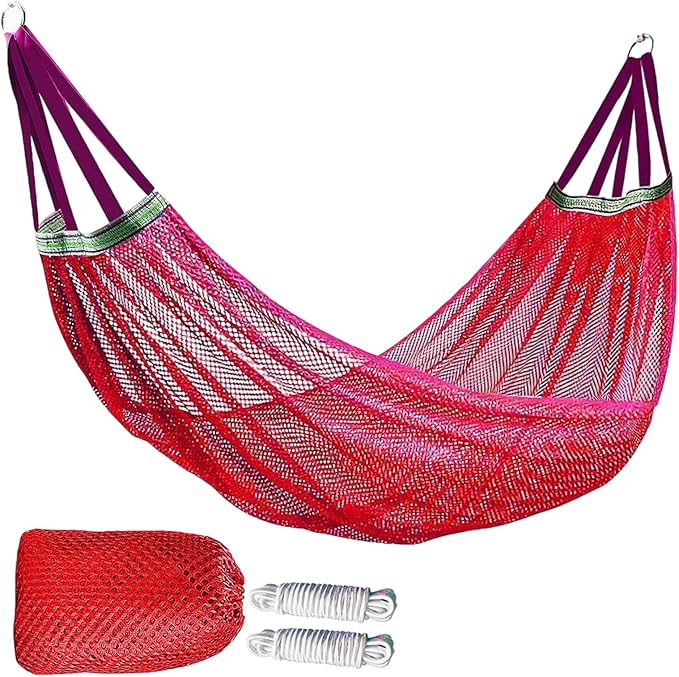 Outdoor Travel Camping Sport Hammock, Outdoor Sport Hammock Net Mesh Nylon Rope Sleeping Bed Swing with Hooks for Garden Beach Yard Travel (Red)