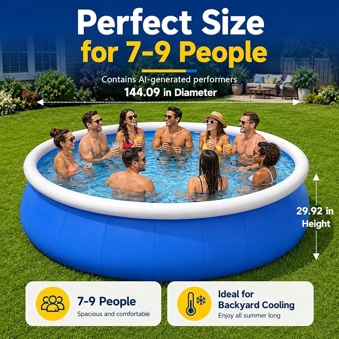 12FT Inflatable Swimming Pool for Family, Round Blow Up Pool for Adults, Garden/Lawn, Foldable Storage,Strong and Durable, No Assembly(144 Inch)