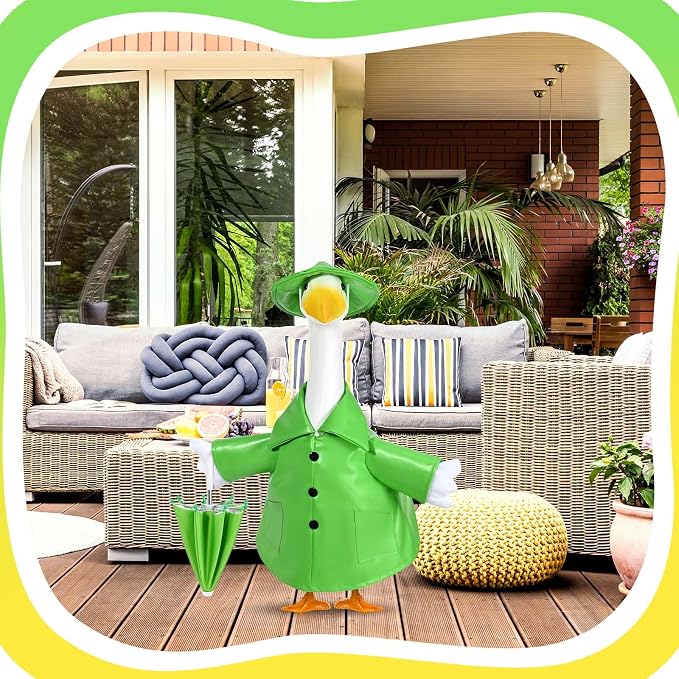 Raincoat Goose Outfit Porch Goose Summer Outfit Yard Goose Raincoat Clothes with Umbrella Hat Fits 23" Outdoor Garden Lawn Patio Geese Statue for Spring Summer Seasonal Decor(Green)