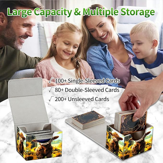 Card Deck Box for MTG, Cards Storage Box Fits 120+ Sleeved, Leather Small Size Strong Magnetic Closing Card Case for Board Games Magic TCG CCG Baseball Collection, Sunflower Baby Cow