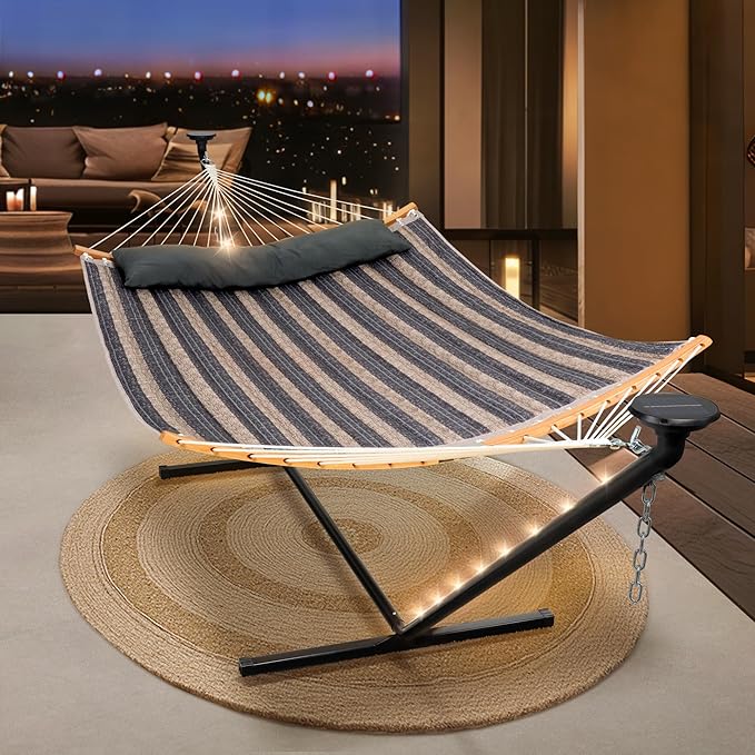 SUNCREAT Double Outdoor Hammock with 12 ft Stand, Stand Alone Hammock with Solar Powered Lights, Gray Stripes