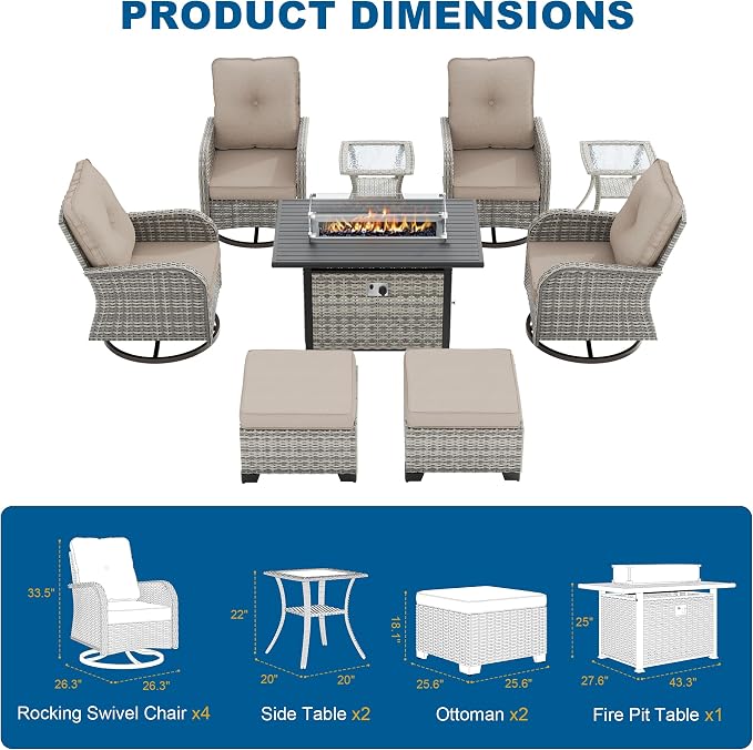 9-Piece Small Patio Furniture Set, Outdoor Swivel Rocking Chairs Set with 55,000 BTU Fire Pit Table Wicker Chairs and Ottomans, Patio Bistro Set for Balcony, Deck, Porch, Khaki