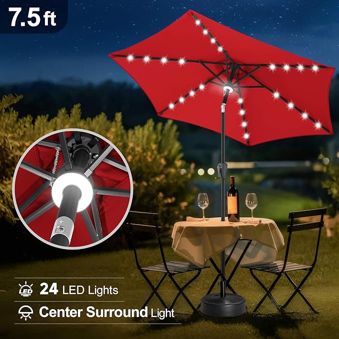 FLAME&SHADE 7.5 FT Solar Light Patio Umbrella, 24 LED Lights Outdoor Umbrella with Centre Surround Light, Table Umbrella Outdoor Patio for Deck, Pool, Backyard, Garden, UV Protection (Red)