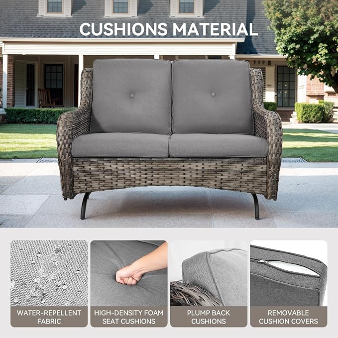 Patio Loveseat Glider Set, Resin Wicker Loveseat Glider with 2 Swivel Patio Chiars Coffee Table and Side Table, 5 Piece Patio Furniture Set Loveseat Set, Grey Wicker|Grey Cushions