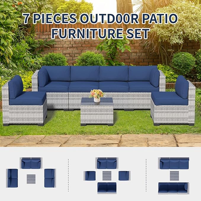 7 Piece Patio Furniture Set, Rattan Outdoor Patio Conversation Sets, Outdoor Sectional Furniture with Thickened Cushion and Coffee Table, for Deck, Backyard, Garden, Off-White & Dark Blue