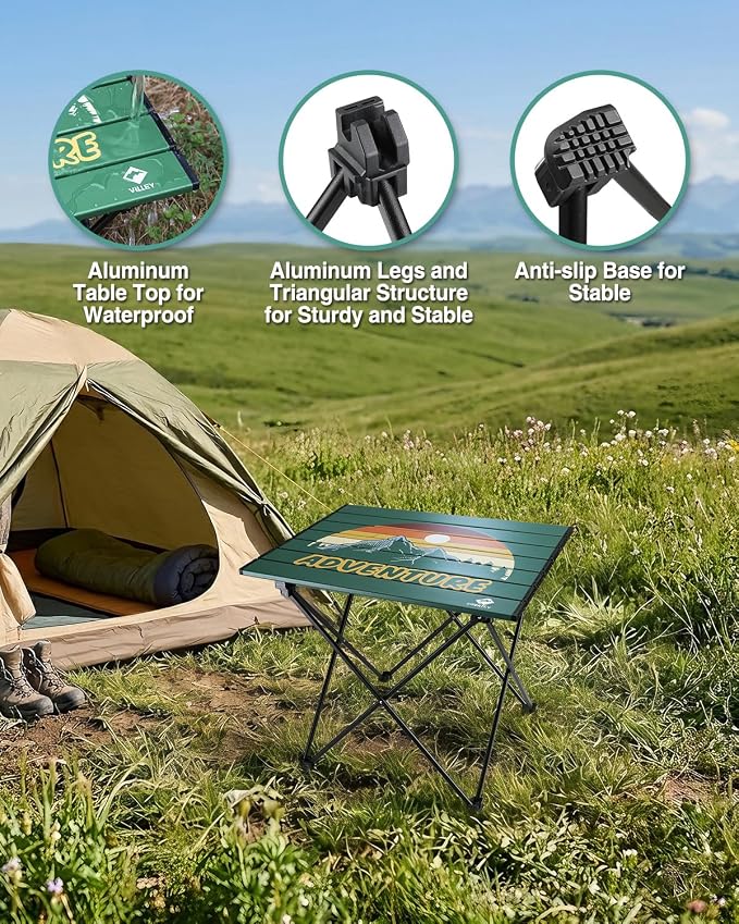 VILLEY Portable Camping Side Table, Ultralight Aluminum Folding Camp Table with Mountain Silhouette Print and Carry Bag, Compact Outdoor Picnic Table for Camping, Beach, Hiking, Travel, Medium