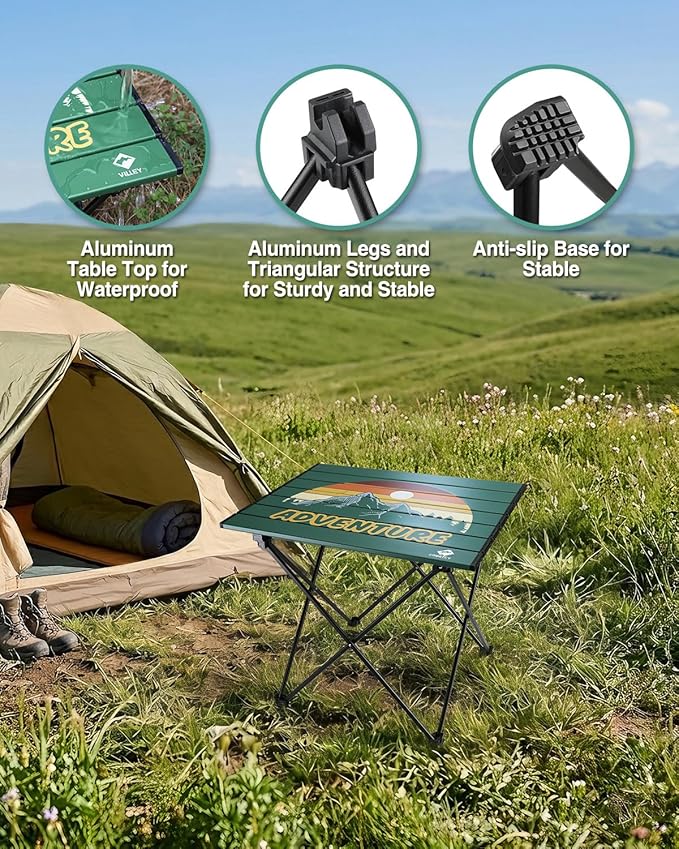 VILLEY Portable Camping Side Table, Ultralight Aluminum Folding Camp Table with Mountain Silhouette Print and Carry Bag, Compact Outdoor Picnic Table for Camping, Beach, Hiking, Travel, Small