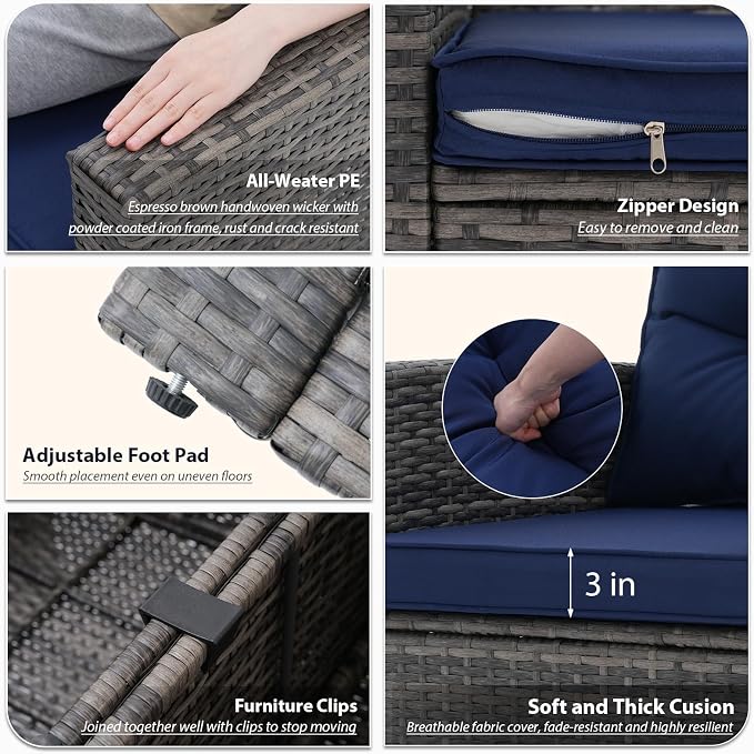JOIVI 8 Pieces Patio Furniture Set with Storage Box, Rattan Patio Conversation Set, Wicker Couch Sectional Sofa Set with Cushions and Coffee Table for Outside Porch, Deck, Navy Blue