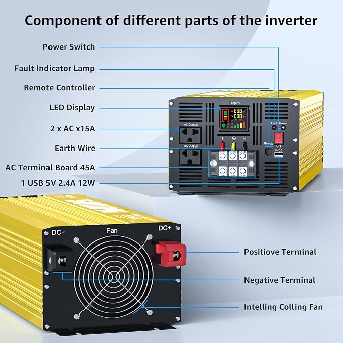XWJNE 5000W Pure Sine Wave Power Inverter 48V DC to 120V AC Converter with LCD Display and Remote Controller for Home, RV, Truck, Off-Grid Solar Power