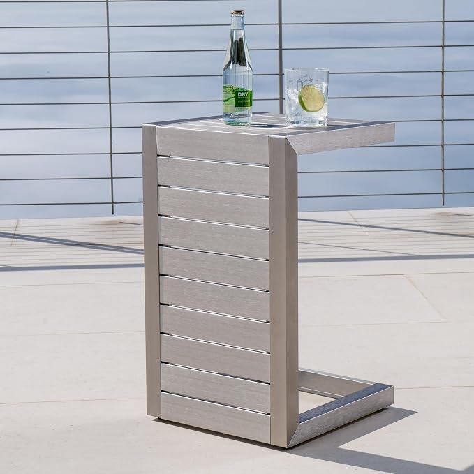 24" H Aluminium Black Patio Side Table, Small C-Shaped Outdoor Sofa Table,Coffee Table for Patio, Garden,Balcon,Silver