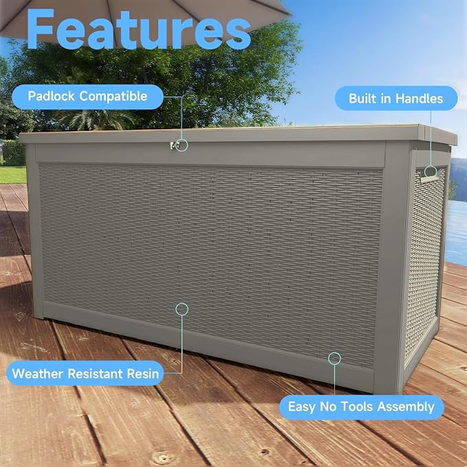 Resin Deck Box, Lockable Patio Outdoor Storage Box for Furniture, Garden Tools and Tools Storage, Waterproof Outside Storage Boxes (Grey, 260 Gallon)