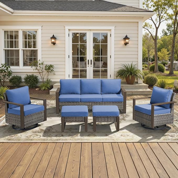5-Piece Outdoor Patio Furniture Set with Swivel Chairs, All-Weather Wicker Sofa Set for Garden, Yard, Porch and Poolside Seating Grey/Blue