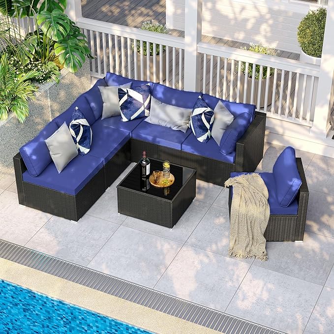 7-Piece Outdoor Patio Sectional Sofa Set – PE Wicker Rattan Conversation Furniture with Coffee Table, Cushions & Clips, Modular Patio Couch for Porch, Poolside, Backyard, Garden – Black Rattan