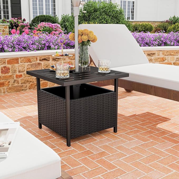 Patio Side Table with Umbrella Hole, 22" Rattan Wicker Umbrella Stand Table, Outdoor End Table for Patio, Garden, Poolside & Yard (Black)