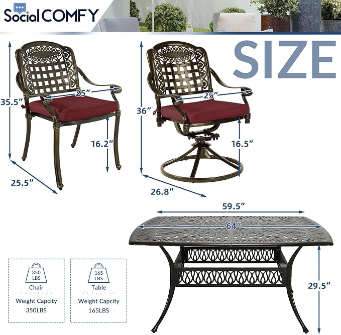 SOCIALCOMF 9-Piece Patio Cast Aluminum Dining Set, Outdoor Table and Chairs Set for 8, Includes 64" Large Square Dining Table, 4 Stationary, 4 Swivel Dining Chairs with Umbrella Hole, Red