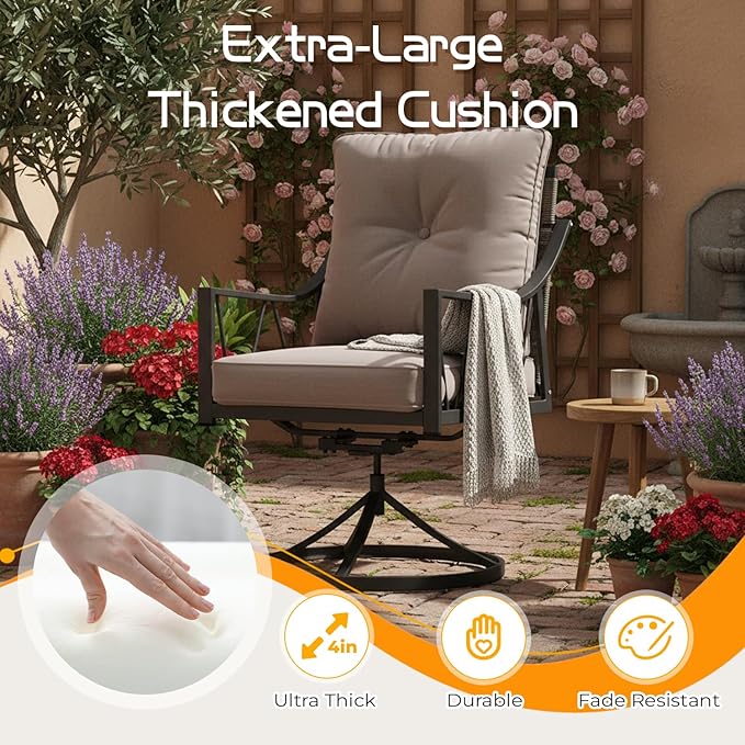 EROMMY 7-Piece Outdoor Patio Dining Set, 6 Wicker Swivel Rocking Chairs with 4" Cushions, Rectangular Table with Adjustable Umbrella Hole for Backyard, Deck, Black