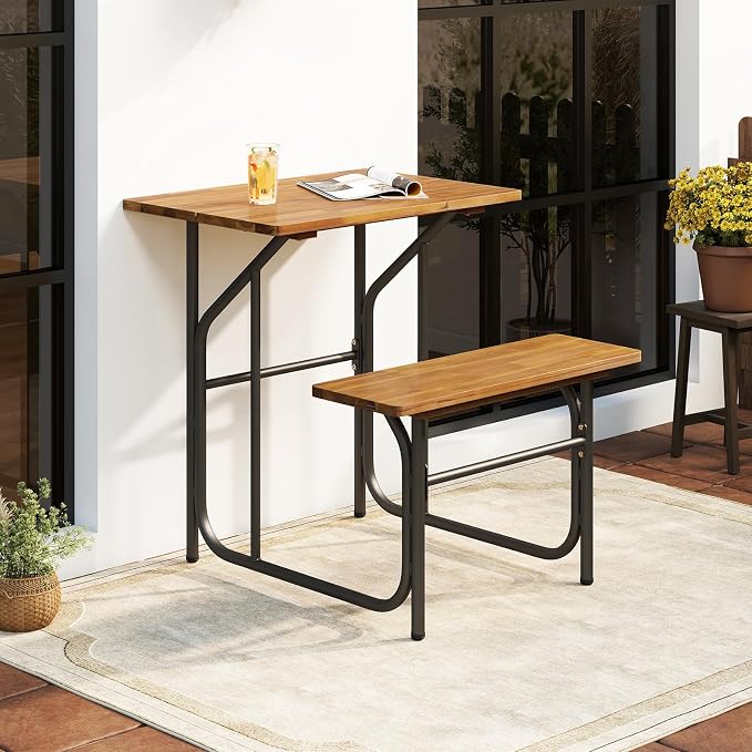 Tangkula Patio Dining Bench Set, Heavy-Duty Outdoor Acacia Wood Dining Furniture with Metal Legs for Balcony, Backyard, Poolside, Garden (1,32” x 27.5” x 29.5”)
