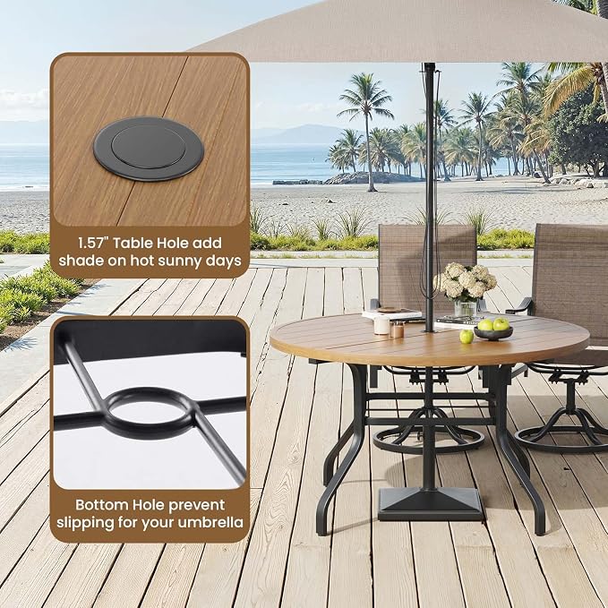 HRVEOCEI 47" Outdoor Round Table with Umbrella Hole, Metal Patio Dining Tables for Lawn Garden, Wood-Like Grain Bistro Table Outdoor for Backyard,Poolside,Deck,Por (Black+Natural, Round)