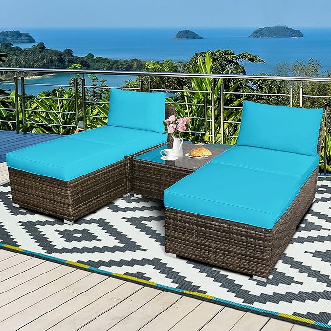 HAPPYGRILL 5-Pieces Patio Lounge Chair Outdoor Rattan Wicker Furniture Sofa Ottoman Set with Tempered Glass Table Top & Washable Zippered Cushions