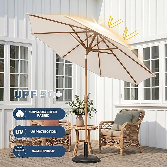 9ft Outdoor Patio Umbrella, Market Table Umbrella with Crank and Easy Push Button Tilt, Wood Grain Frame, UPF 50+ for Pool, Garden, Deck, Backyard