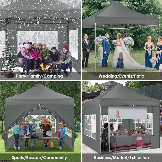 COBIZI Pop up Canopy Tent 10x10 Heavy Duty Gazebo with 4 Sidewalls, UPF 50+ All Weather Waterproof Commercial Outdoor Wedding Party Tents Canopy with Roller Bag, Deep Gray