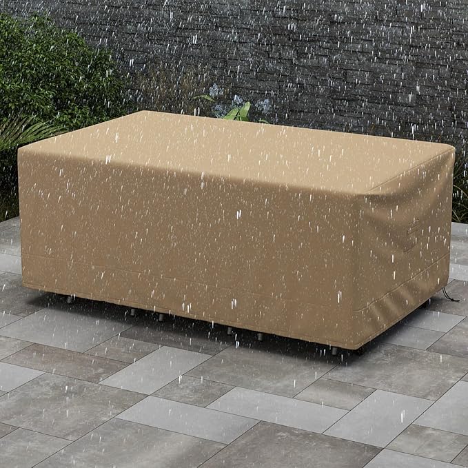 Tangkula Patio Furniture Covers, Outdoor Table Cover Waterproof with Padded Handle & Click-Close Straps, Air Vent, Heavy Duty PU, Rectangle Patio Cover for Outdoor Furniture, 90" W x 50" D x 32" H
