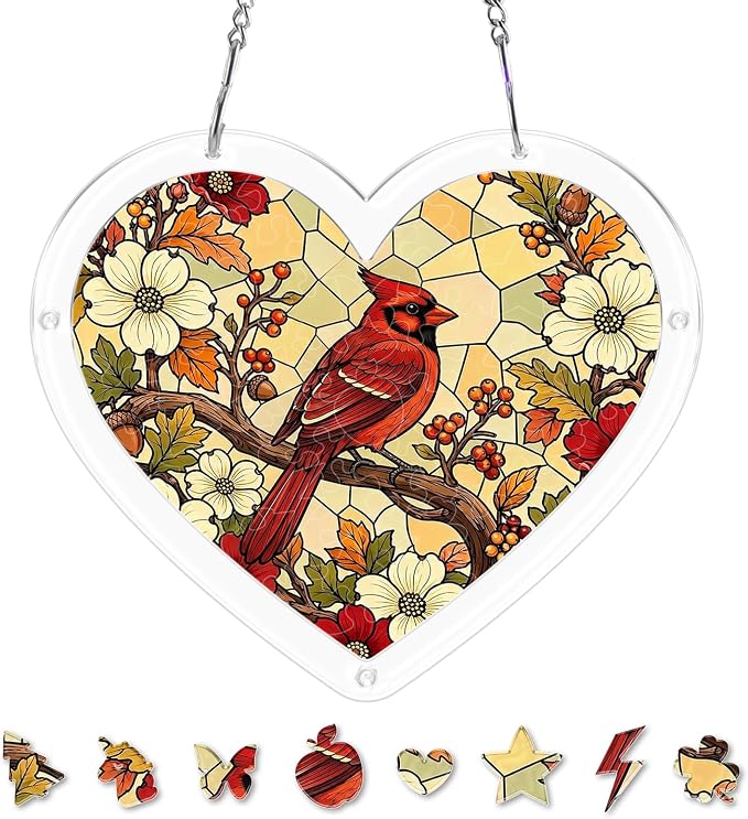 Acrylic Puzzle Suncatcher, Sun Catchers Puzzle for Window Hanging | 8.2 in Heart-shaped Cardinal DIY Suncatcher Puzzle Gifts for Adults, Women, Men, Wife, Mom, Birds Lover, Home & Garden Decor