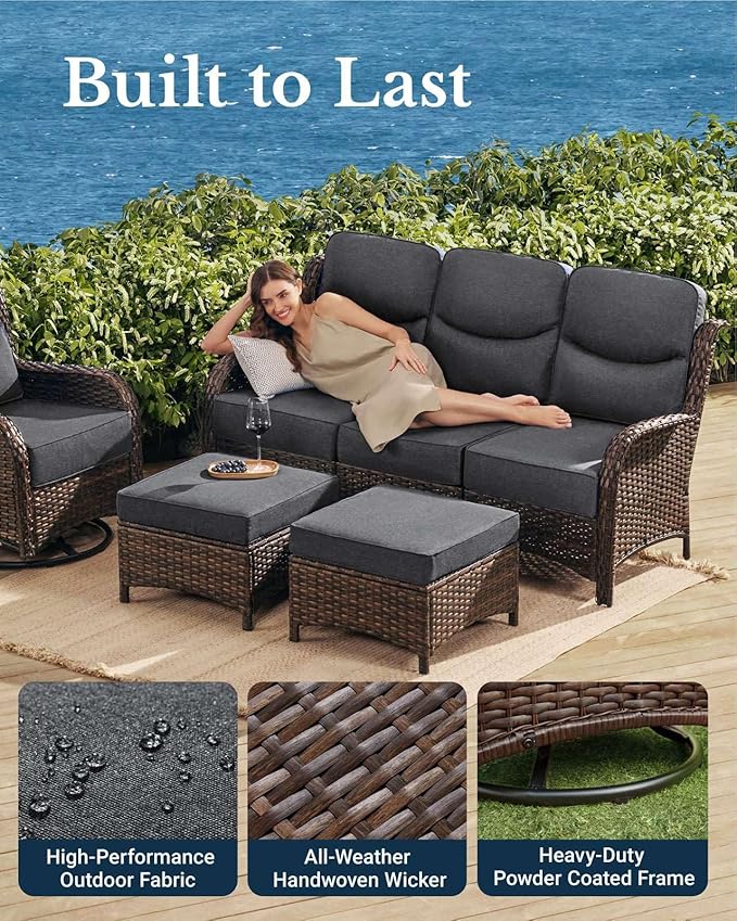 HILLGA Luxury Patio Furniture Set with 6-Inch Thick Cushions, High Back Outdoor Swivel Rocker Chairs and Patio Couch, 6-Piece All Weather Conversation Set for Porch Deck Pool Yard, Dark Grey (V3)