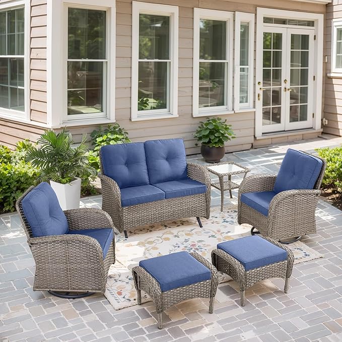 Belord 6 Pieces Wicker Patio Conversation Sets with Outdoor Swivel Rocker Chairs and Loveseat Glider Chair, All-Weather Rattan Furniture Set for Patio Deck Sunroom Backyard