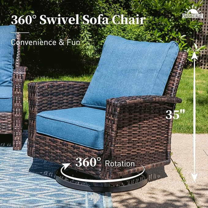 Patio Wicker Swivel Chairs Set of 2, Outdoor High Back Chairs with 5.5" Waterproof Cushions, Outdoor Furniture Set for Deck Porch and Yard, Blue