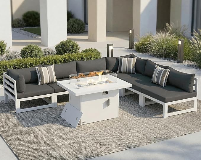 NICESOUL 7 Piece L-Shaped Contemporary Aluminum Outdoor Furniture Set with Firepit, 29" Deep Wide Large Couch Set, 500 lbs High Weight Capacity Modular Patio Sectional Sofa for Garden Lawn, Dark Grey