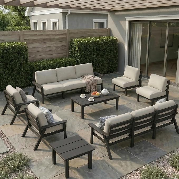 HDPE Patio Furniture Set 10 Seats, Outdoor Couch with Washable Thick Beige Cushions & Coffee Table & Side Table, Outdoor Sectional Furniture for Backyard, Deck, Lawn, Porch (Black Frame)