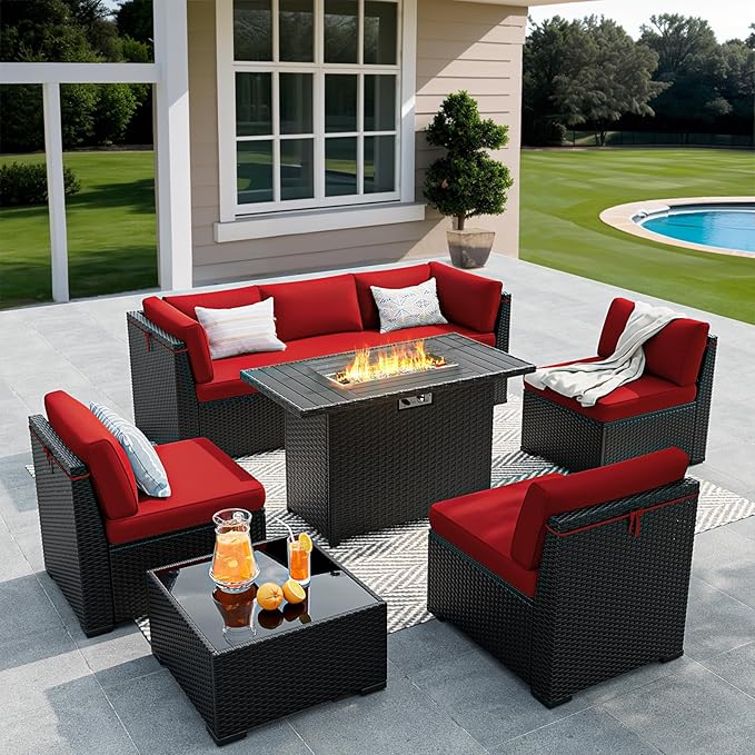 8 Pieces Outdoor Patio Furniture Set with 44" Fire Pit Table Black Rattan Sectional Conversation Sets w/Gas Fire Pit, Coffee Table, 1 Waterproof Covers, Wine red