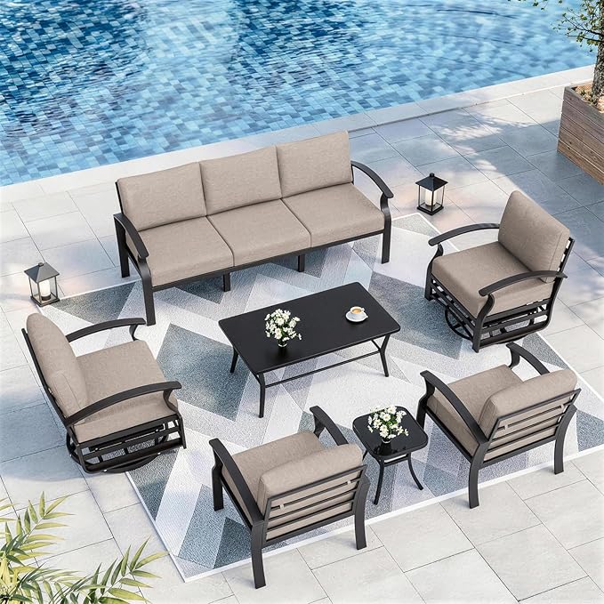 Kurapika Aluminum Patio Furniture Set 7-Seat Modern Outdoor Conversation Sets w/Swivel Rocking Chairs with Rectangular Coffee Table, Sand
