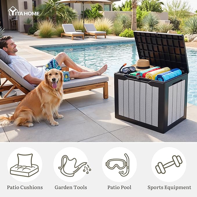 YITAHOME 35 Gallon Deck Box, Waterproof Resin Outdoor Storage Box, Doubles as Bench Seating for Patio Furniture Cushions,Garden Tools & Pool Accessories, Black & Gray