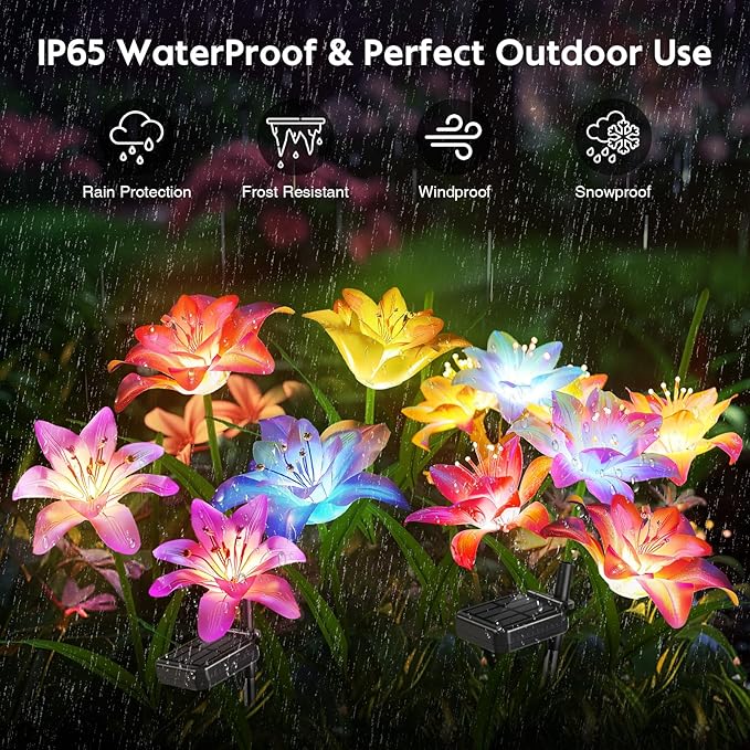 6 Pack Solar Flowers Outdoor Waterproof with Lily Solar Garden Lights for Outside for Yard Pathway Home Decor Enthousiasts, Gifts for Mother