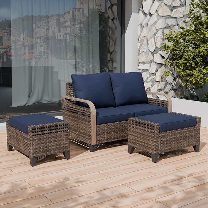 COOS BAY Modern Wicker Outdoor Furniture Set, 3 Piece Patio Conversation Set with a Loveseat and 2 Ottomans, 3 Piece, Brown/Blue