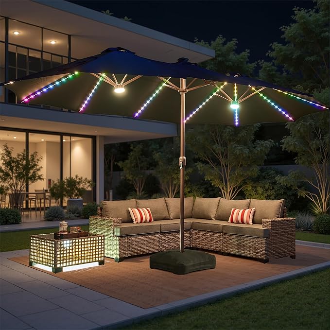 15ft Patio Umbrella with Base Included, Rectangle Double Patio Umbrellas with Crank Handle 12 Ribs, Heavy Duty Large Table Umbrella for Pool Deck Garden Party Commercial