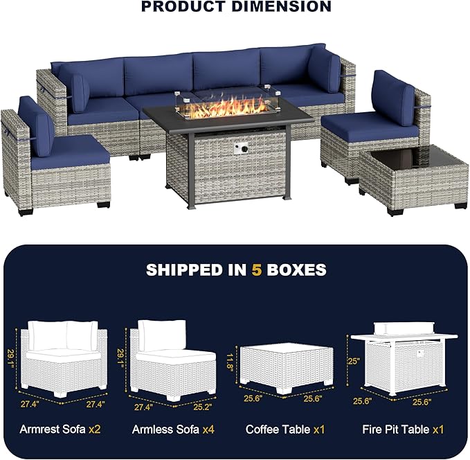 8-Piece Outdoor Patio Furniture Set with 55,000 BTU Fire Pit Table, PE Wicker Rattan Sectional Sofa Conversation Set - All-Weather Garden, Backyard Furniture, Navy Blue