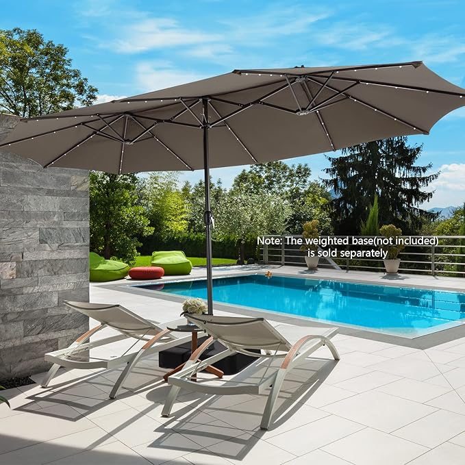 Tangkula 15 Ft Solar Patio Umbrella, Double-Sided Extra Large Outdoor Market Table Umbrella with 48 LED Lights, Crank Handle, 12 Sturdy Ribs for Poolside, Garden & Backyard (Tan)