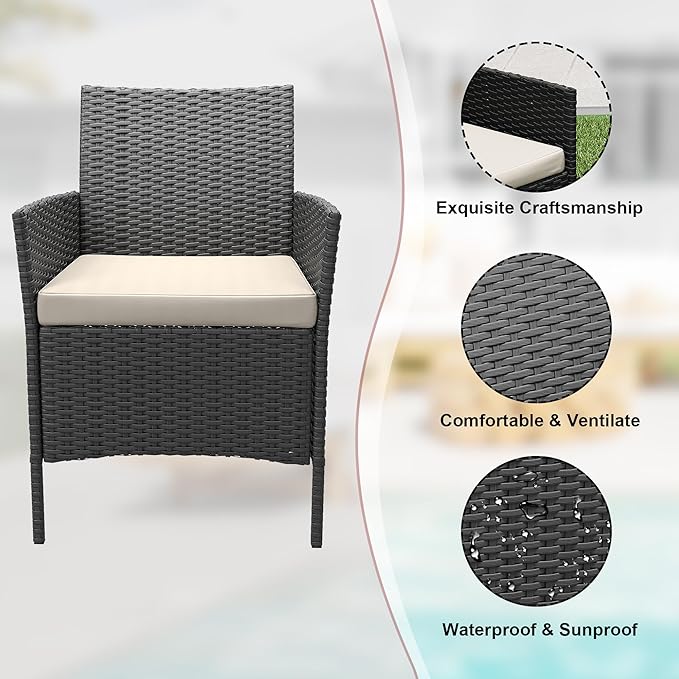 3 Piece Patio Furniture Set with 2 Chairs & 1 Coffee Table - Outdoor PE Rattan Conversation Set, Cushions & Glass Tabletop for Garden, Poolside, Porch, Black