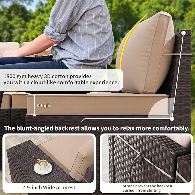 Gotland 12 Pieces Patio Furniture Set, Wicker Outdoor Sectional with Wide Armrests 29.5'' High Backrest 4'' Thick Waterproof Cushions, Oversized Patio Furniture for Deck Garden Khaki