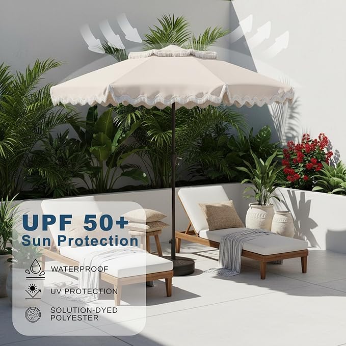 9FT Patio Umbrella with Fringe,Tassel Umbrella with Push-Button Tilt | UPF 50+ & Rust-Resistant Fiberglass Frame for Patio, Pool,Garden,YardCreamy-white