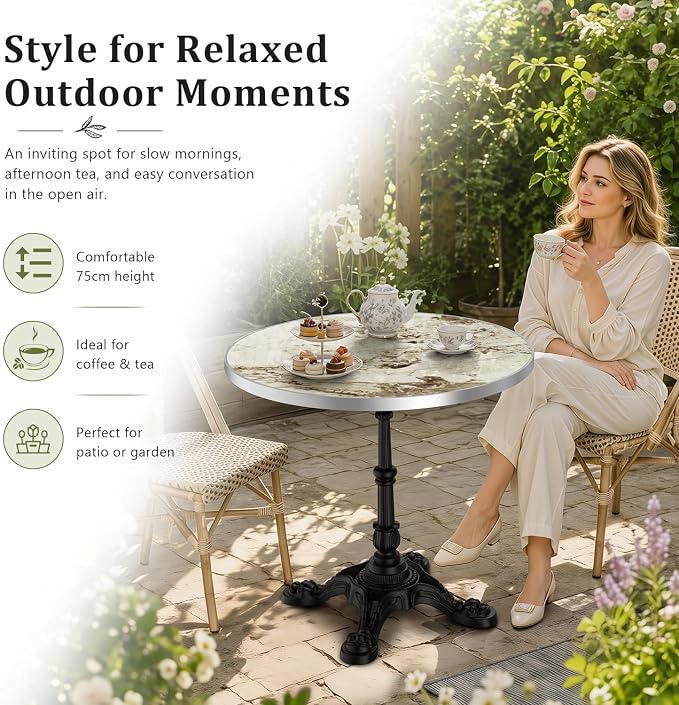 31.5" Outdoor Dining Table, Square Bistro Table w/Sintered Stone Tabletop | and Cast Iron Base, Weather Resistant Small Bistro Table for 2-4 for Outdoor Garden Café Use (Cream Taupe Marble)